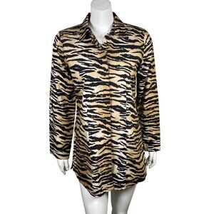 Chicos Tiger Print Button Up Tunic Shirt Womens Size S (0) Long Sleeve No Iron